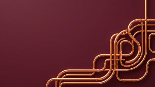 Flowing copper pipes in artistic pattern over burgundy background for residential heating and vintage plumbing design concepts.