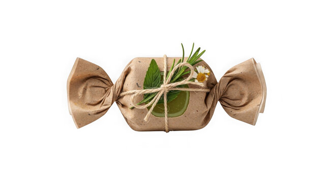 Handmade gift box with twine and sprig decoration. Rustic present wrapped in kraft paper with natural botanical accents.