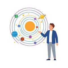Young Male Educator Presenting a Colorful Illustration of the Solar System and Planets