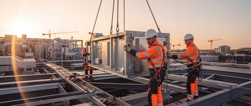 Construction workers installing rooftop hvac equipment with a crane lift at sunset, wearing safety harnesses and hardhats while positioning heavy metal industrial machinery