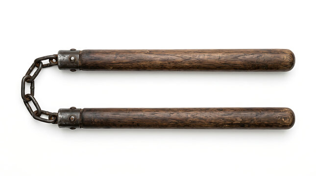 Traditional Wooden Nunchaku Weapon with Metal Chain Isolated on a Clean White Background