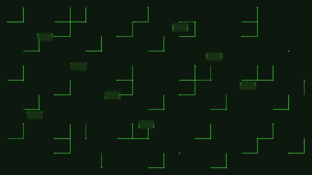 Pulsing Green Circuit Board Traces and Microchips on Dark &ndash; Abstract Electronics Schematic & Tech Network Background Loop