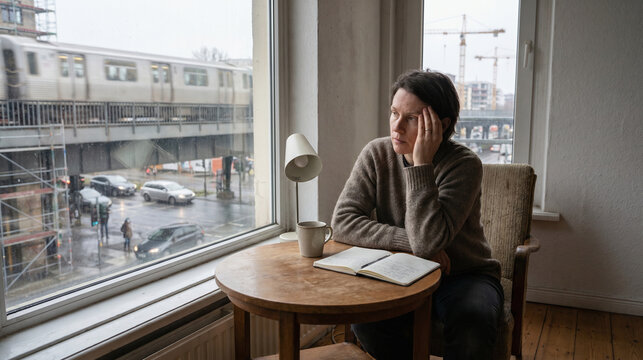 Man at window distracted by elevated train noise while he thinks