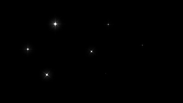 White cartoon star twinkle animation, glowing fairy light trail, flat vector doodle illustration, blinking festive stars black screen background, seamless motion graphics 4K