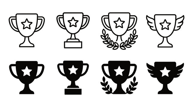 Winning trophy cup and star icon collection vector illustration graphic art with champion achievement silhouette