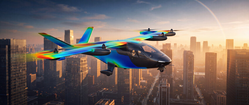 EVTOL aircraft flying over modern city skyline, featuring an aerodynamic CFD heatmap on the sleek fuselage during sunset, suitable for urban air mobility and aerospace technology design