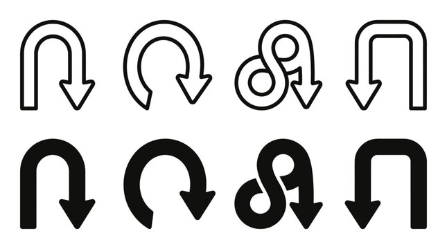 U turn arrow icon set vector graphic design elements outline and silhouette with direction navigation silhouette