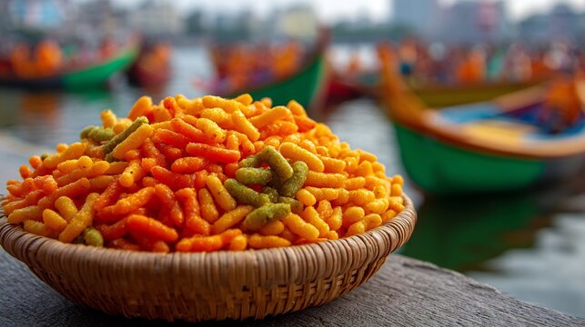 Bangladeshi jhal muri spiced puffed rice colorful background riverside boats warm orange sunset reflections no humans