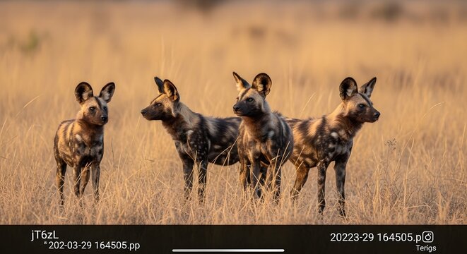Four wild dogs stand alertly in golden tall dry grass