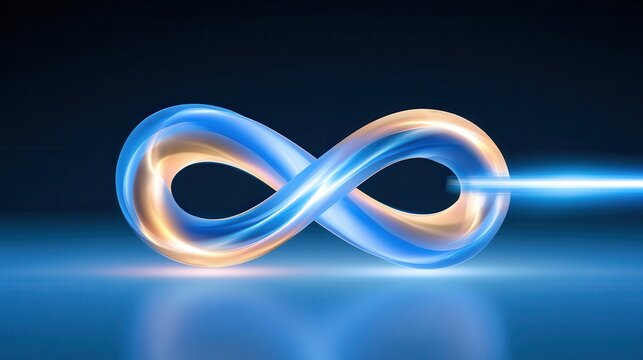 Glowing infinity symbol with blue and gold light trails on dark background