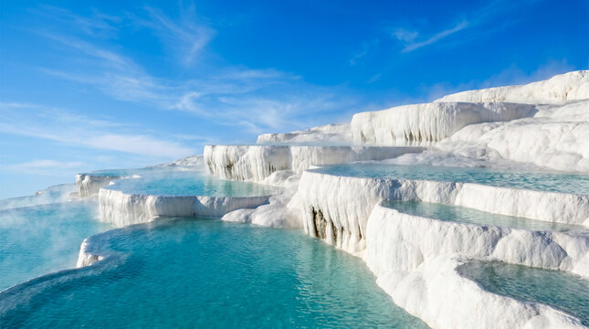 Pamukkale travertine terraces with turquoise thermal pools and white calcium mineral formations in Turkey scenic landscape with blue sky and steam