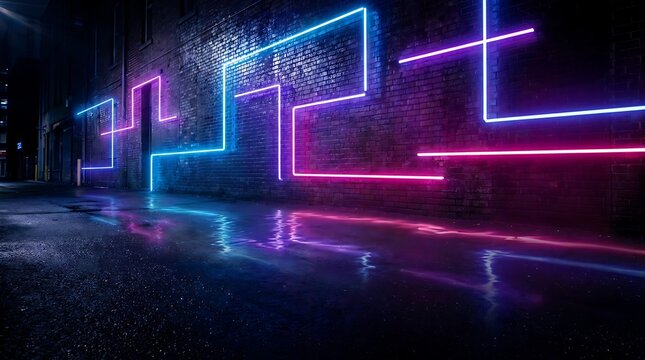 Neon glowing geometric lines illuminate a wet brick wall at night, isolated on transparent background. Cyberpunk aesthetic for creative technology concepts.