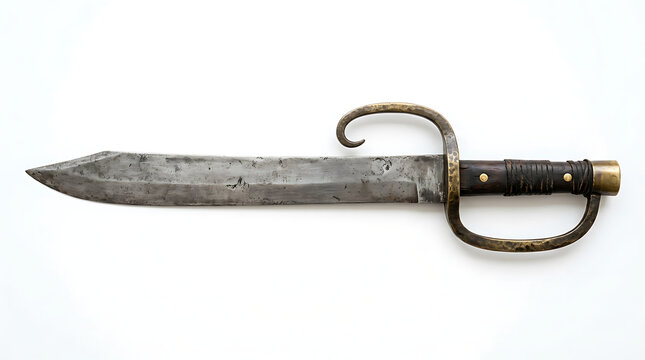 Antique Iron Dagger with Ornate Brass Hand Guard Isolated on a Crisp White Background