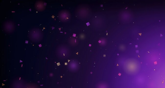 Purple festive bokeh background with flying confetti, glitter particles, and glowing party lights for celebration.