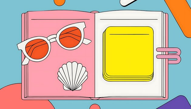 Colorful summer vacation scrapbook vector illustration featuring sunglasses and seashell elements