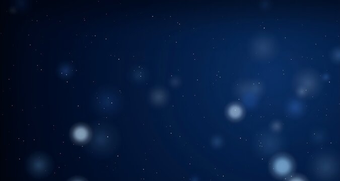 Dark blue abstract background with floating bokeh orbs, glowing dust particles, and cosmic starry space light effects.