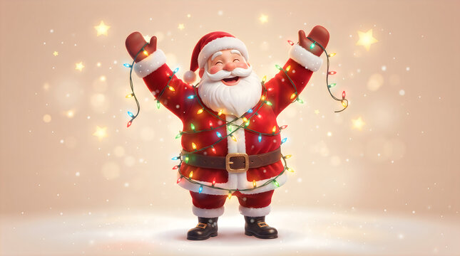 Cheerful Santa Claus tangled in glowing colorful Christmas fairy lights with arms raised