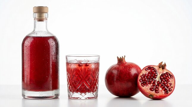 Glass of red juice bottle and pomegranate fruit on white background
