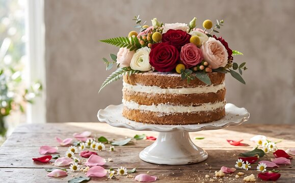 Elegant Naked Layer Cake Decorated with Red and Pink Roses and Eucalyptus on White Stand on Rustic Wood Table with Petals for Wedding Celebration.