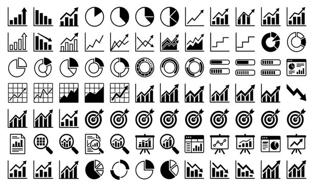 50 Business Growth Charts Graphs Statistics and Analytics Black Vector Icon Set