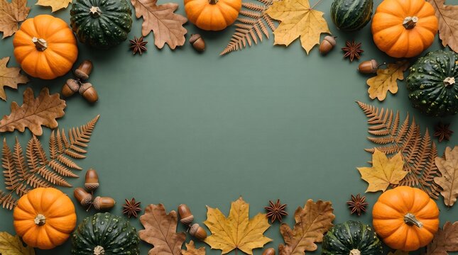 Autumn Fall Harvest Flat Lay Frame with Orange Pumpkins, Green Gourds, Dried Leaves, Acorns and Star Anise on Dark Green Background with Copy Space for Thanksgiving Day.