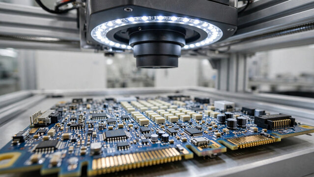 Automated optical inspection medical PCB assembly, Gold contacts micro components PCB AOI inspection, Medical PCB assembly photorealistic ultra-detailed inspection
