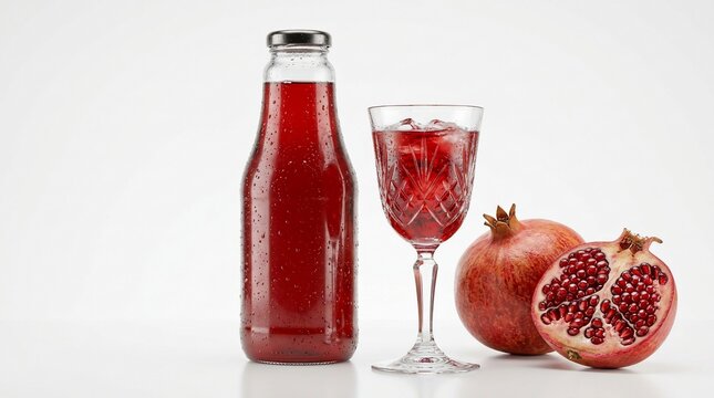 Red beverage bottle glass pomegranate fruit refreshment