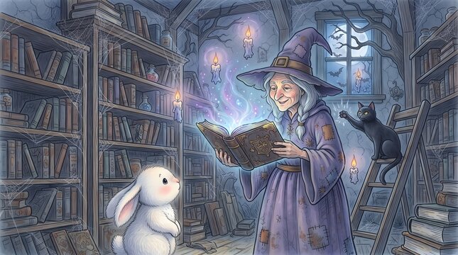A whimsical illustration of a young witch casting a magical spell inside a dark library with a white rabbit