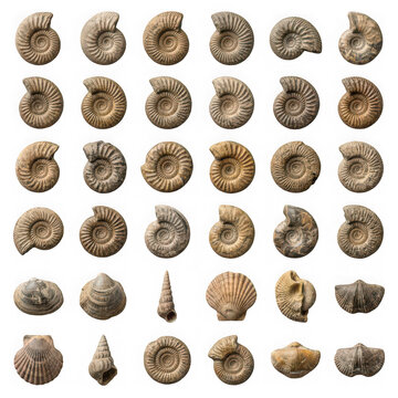 Set of spiral ammonite shell fossils arranged in a grid pattern layout