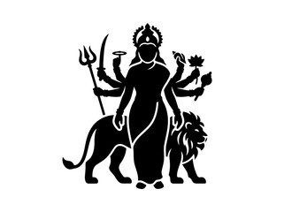 Fototapeta premium Goddess Durga with lion silhouette vector, Hindu goddess standing with weapons and lion vahana illustration
