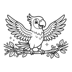Fototapeta premium Charming cockatoo perched on branch with leaves isolated on transparent background