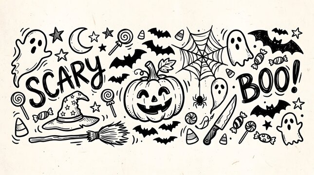 Hand drawn doodle pattern featuring various halloween icons like ghosts pumpkins bats and spooky text on white background