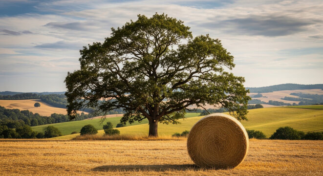 A solitary majestic oak tree stands in the center of a harvested golden wheat field, accompanied by a single large round hay bale under a soft, expansive sky with rolling hills in the background.