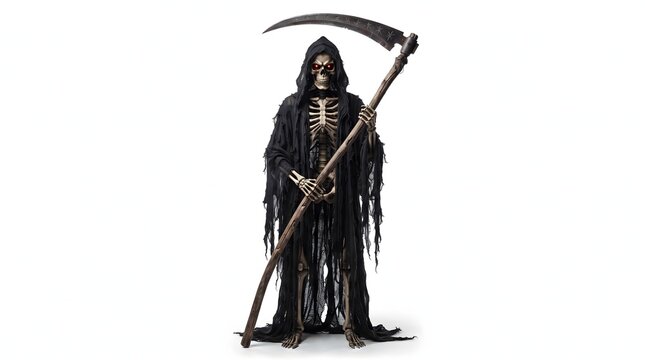 A terrifying grim reaper character wearing a dark hooded robe and holding a large sharp metal scythe isolated