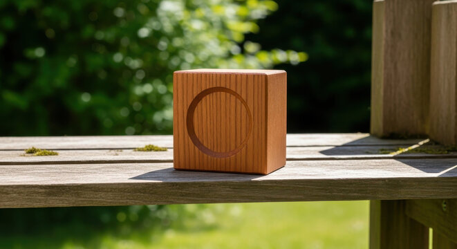 A smooth, light-colored wooden block featuring a carved circular indentation in the center, resting on a weathered plank surface amidst a soft-focus, lush green garden setting on a sunny day.