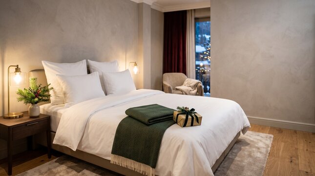 Luxury modern hotel bedroom with city view and cozy neutral bedding for business travel relaxation
