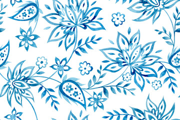 horizontal seamless pattern with watercolor floral ornaments. oriental blue print. paisley © Tatiana
