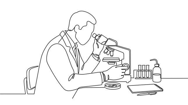 Continuous line drawing of a scientist using a microscope in a laboratory.