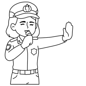 Female police officer blowing whistle traffic control line art vector