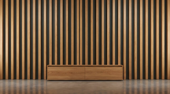Modern minimalist interior with vertical wooden slats wall paneling and a low wooden cabinet on a polished concrete floor