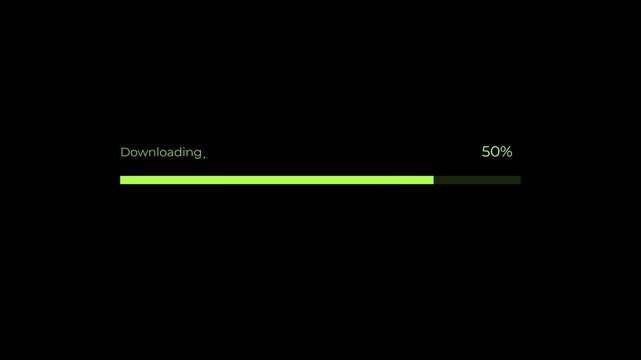 Modern downloading progress bar with percentage indicator concept on the black background. Representing file download, data transfer, software progress, loading status, and digital workflow. 4k video.