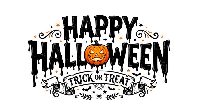 Happy halloween trick or treat text design with a spooky dripping font and a carved jack o lantern pumpkin