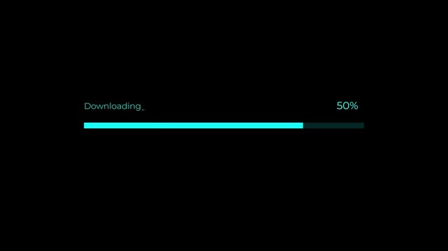 Modern downloading progress bar with percentage indicator concept on the black background. Representing file download, data transfer, software progress, loading status, and digital workflow. 4k video.