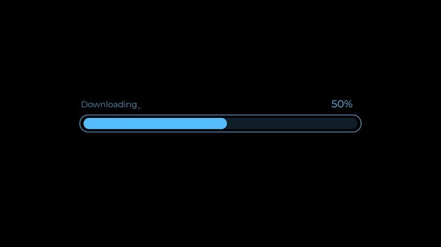 Modern downloading progress bar with percentage indicator concept on the black background. Representing file download, data transfer, software progress, loading status, and digital workflow. 4k video.