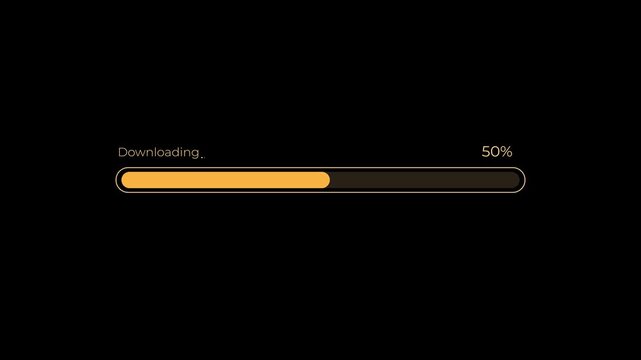 Modern downloading progress bar with percentage indicator concept on the black background. Representing file download, data transfer, software progress, loading status, and digital workflow. 4k video.