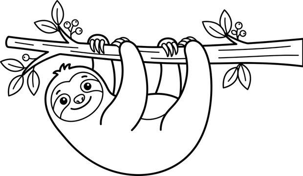 Cute cartoon sloth hanging from a branch with leaves isolated on transparent background