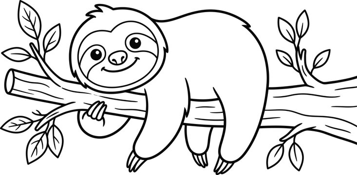 Cute sloth hanging on a branch line art illustration isolated on transparent background