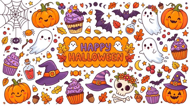 A delightful halloween pattern features watercolor pumpkins friendly ghosts spooky bats and charming witch hats for festive designs