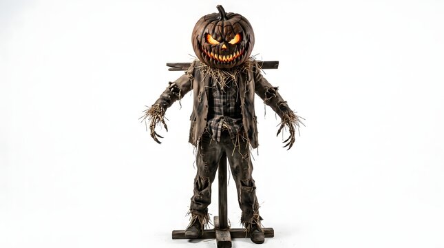 An old fashioned halloween decoration shows a frightening scarecrow with a carved pumpkin for a head and worn ragged clothes
