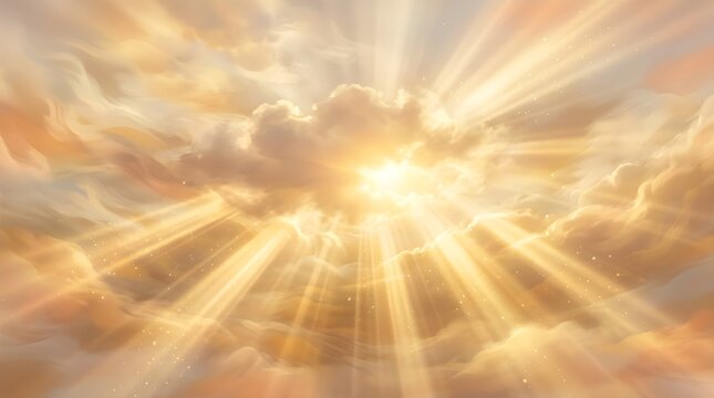 Golden sun rays breaking through dramatic clouds representing hope inspiration spirituality optimism renewal divine light and positive energy